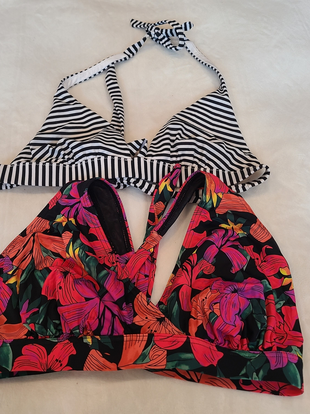 Victoria's Secret Black & White Striped Bikini Top with Black Floral Halter Top